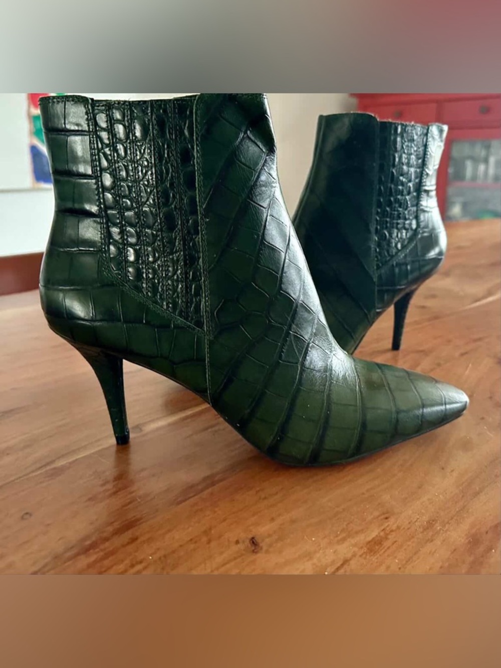 Vince Camuto Dark Green Croc-Embossed Pointed-Toe Ankle Boots